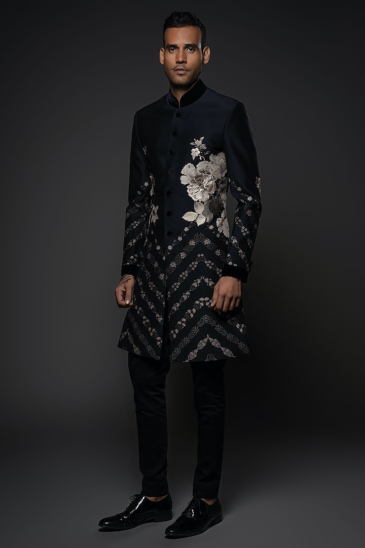 Black Matka Silk Resham Embroidered & Floral Digital Printed Groom Sherwani by Rohit Bal Men at Pernia's Pop Up Shop