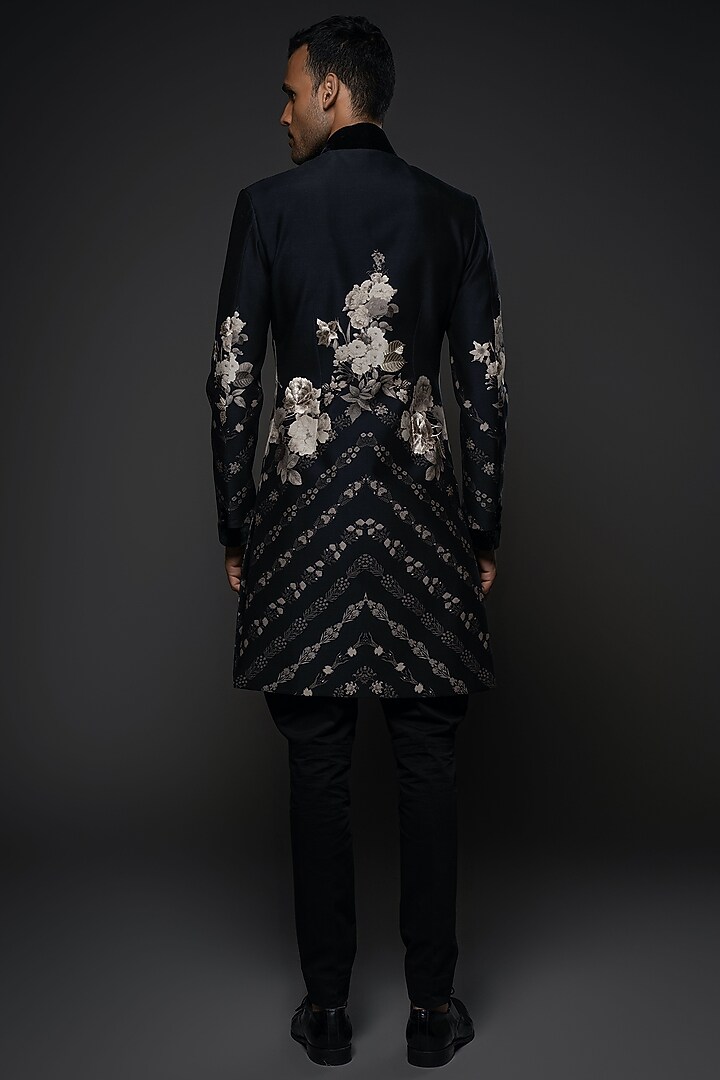 Black Matka Silk Resham Embroidered & Floral Digital Printed Groom Sherwani by Rohit Bal Men at Pernia's Pop Up Shop