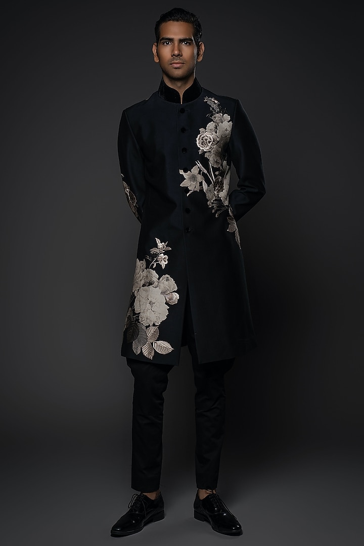 Black Matka Silk Resham Embroidered & Floral Digital Printed Groom Sherwani by Rohit Bal Men at Pernia's Pop Up Shop