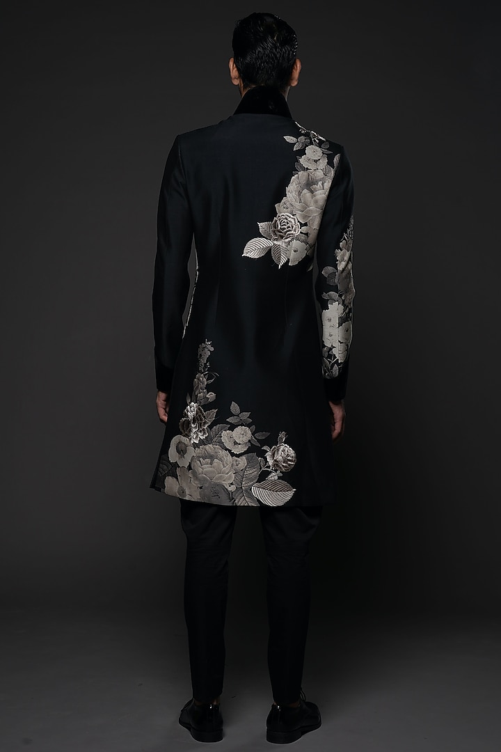 Black Matka Silk Resham Embroidered & Floral Digital Printed Groom Sherwani by Rohit Bal Men at Pernia's Pop Up Shop