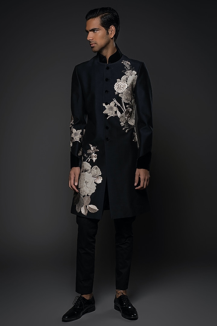Black Matka Silk Resham Embroidered & Floral Digital Printed Groom Sherwani by Rohit Bal Men at Pernia's Pop Up Shop