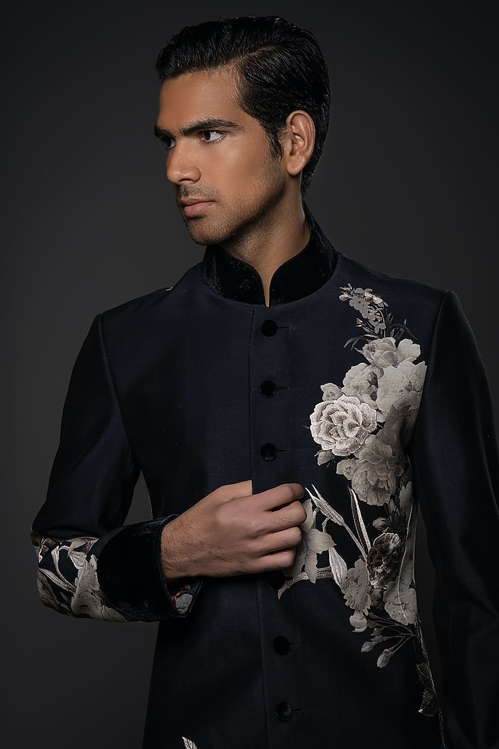 Black Matka Silk Resham Embroidered & Floral Digital Printed Groom Sherwani by Rohit Bal Men at Pernia's Pop Up Shop