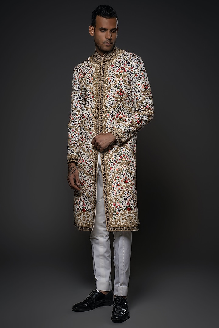 Ivory Matka Silk Resham Hand Embroidered Groom Sherwani by Rohit Bal Men at Pernia's Pop Up Shop