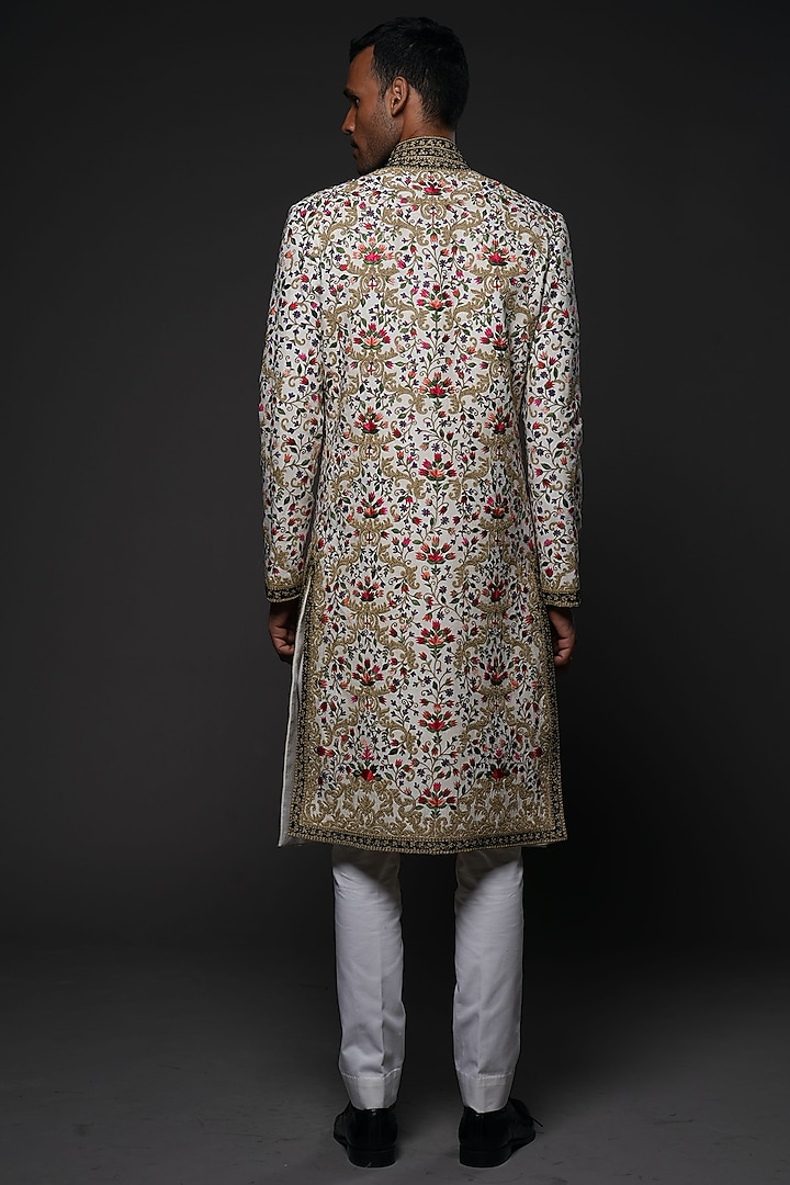 Ivory Matka Silk Resham Hand Embroidered Groom Sherwani by Rohit Bal Men at Pernia's Pop Up Shop