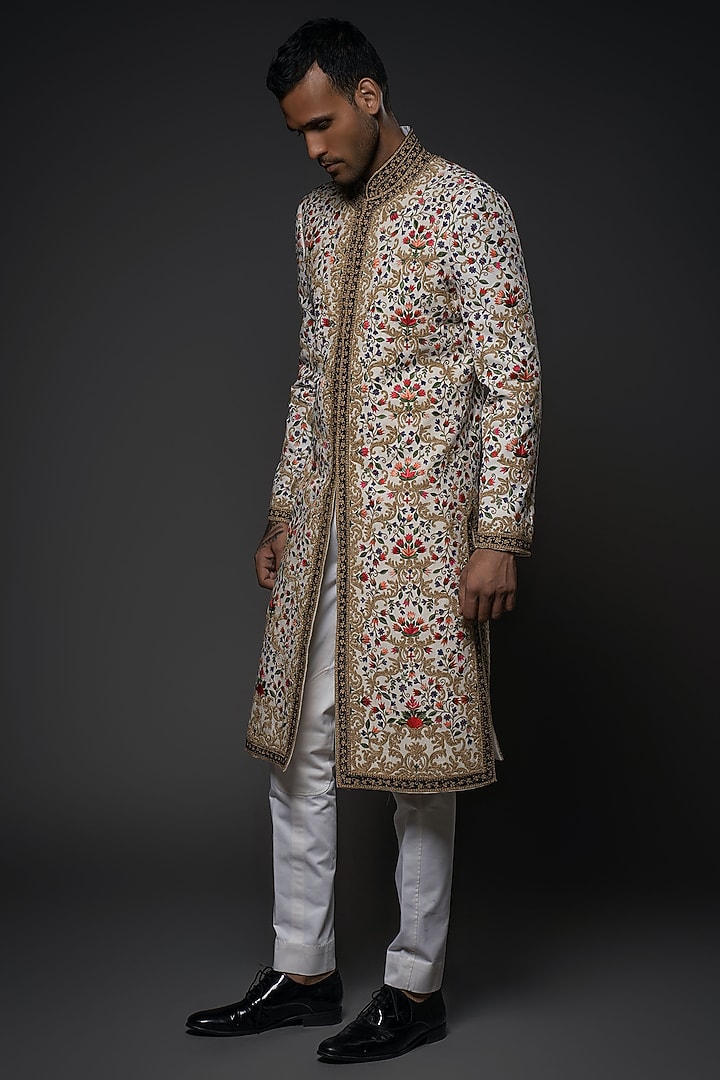Ivory Matka Silk Resham Hand Embroidered Groom Sherwani by Rohit Bal Men at Pernia's Pop Up Shop