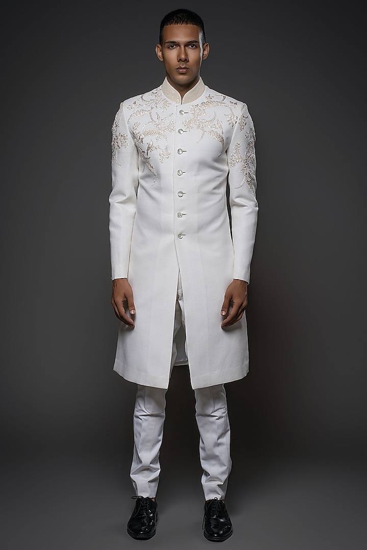 Ivory Matka Silk Resham Hand Embroidered Groom Sherwani by Rohit Bal Men at Pernia's Pop Up Shop