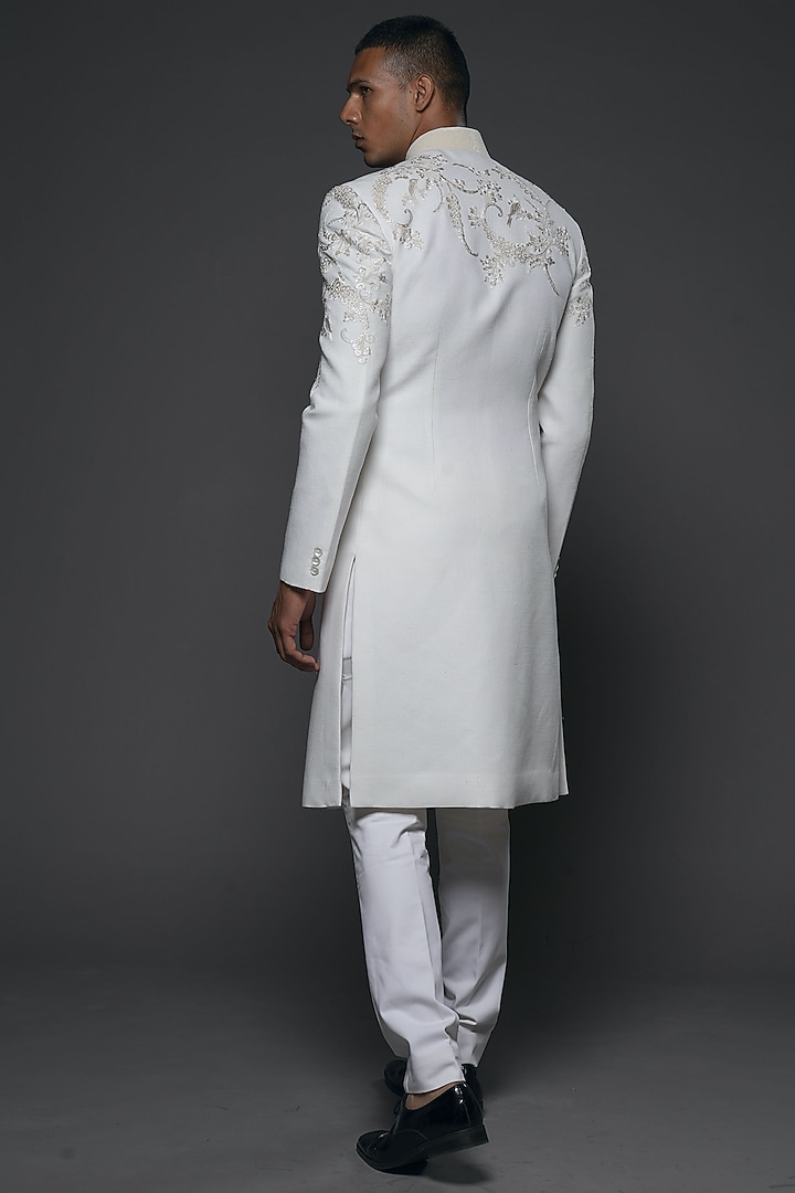 Ivory Matka Silk Resham Hand Embroidered Groom Sherwani by Rohit Bal Men at Pernia's Pop Up Shop