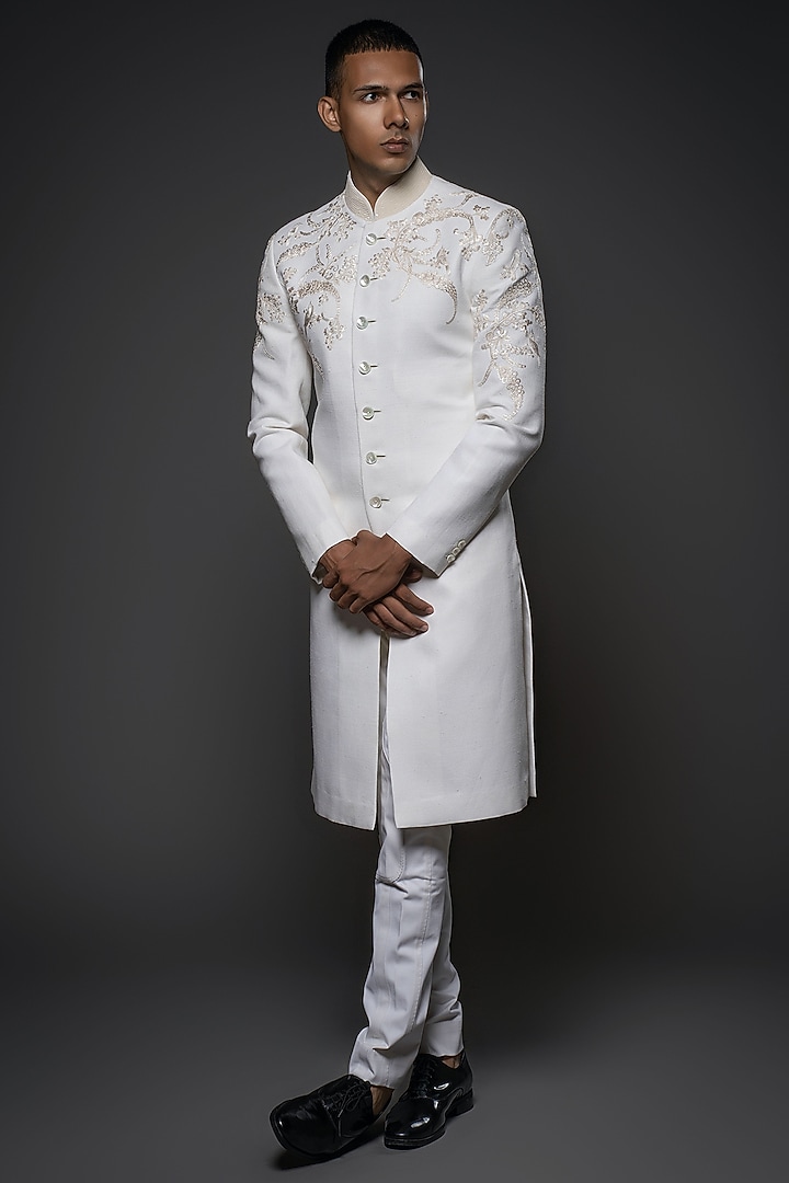 Ivory Matka Silk Resham Hand Embroidered Groom Sherwani by Rohit Bal Men at Pernia's Pop Up Shop