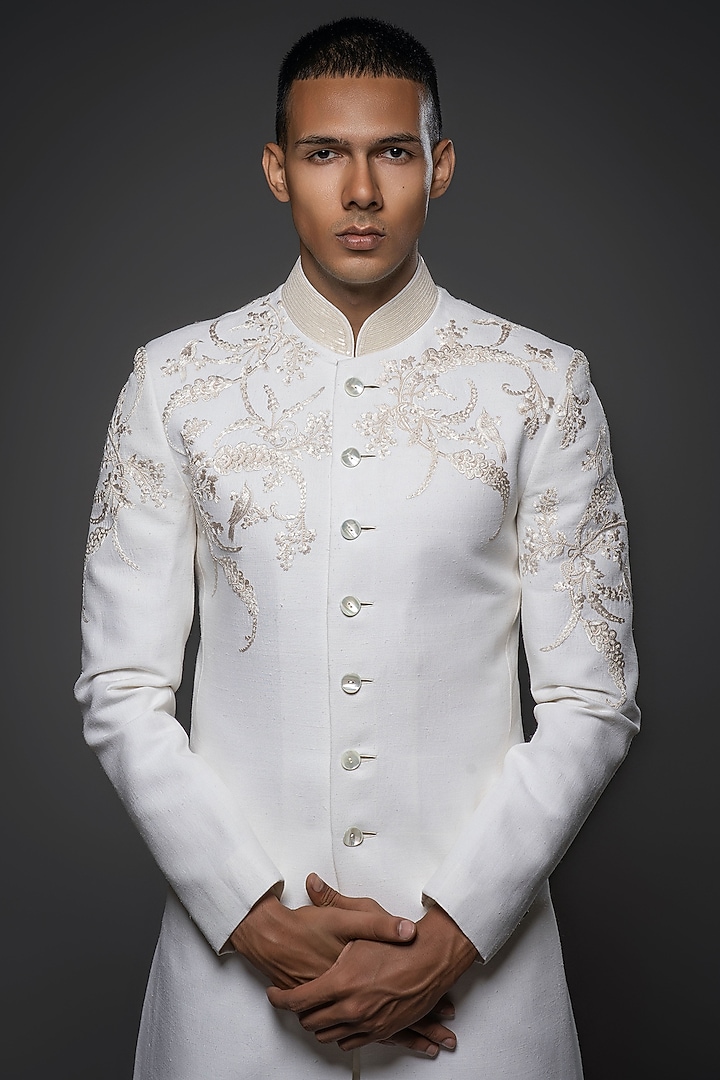 Ivory Matka Silk Resham Hand Embroidered Groom Sherwani by Rohit Bal Men at Pernia's Pop Up Shop