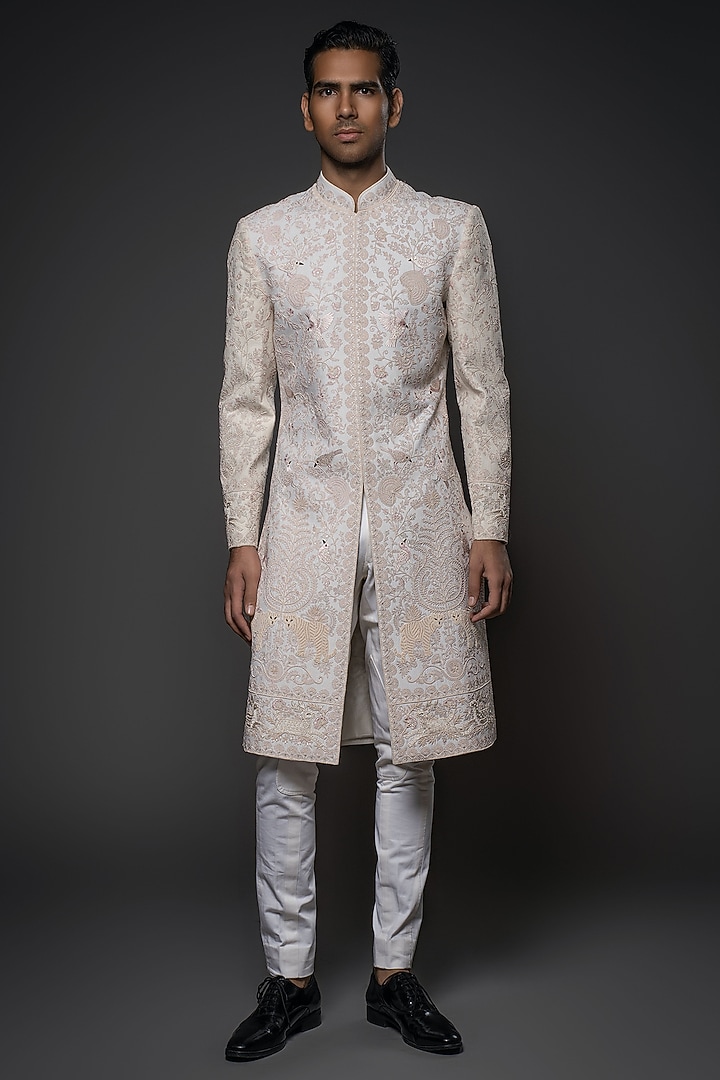 Ivory Matka Silk Resham & Thread Hand Embroidered Groom Sherwani by Rohit Bal Men at Pernia's Pop Up Shop