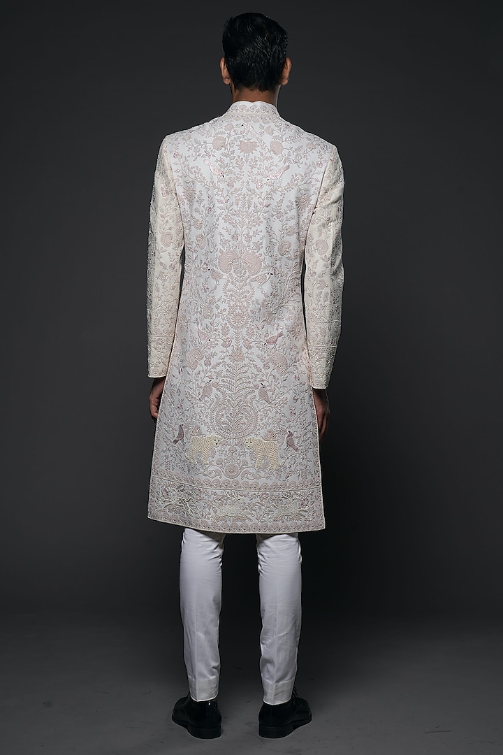 Ivory Matka Silk Resham & Thread Hand Embroidered Groom Sherwani by Rohit Bal Men at Pernia's Pop Up Shop