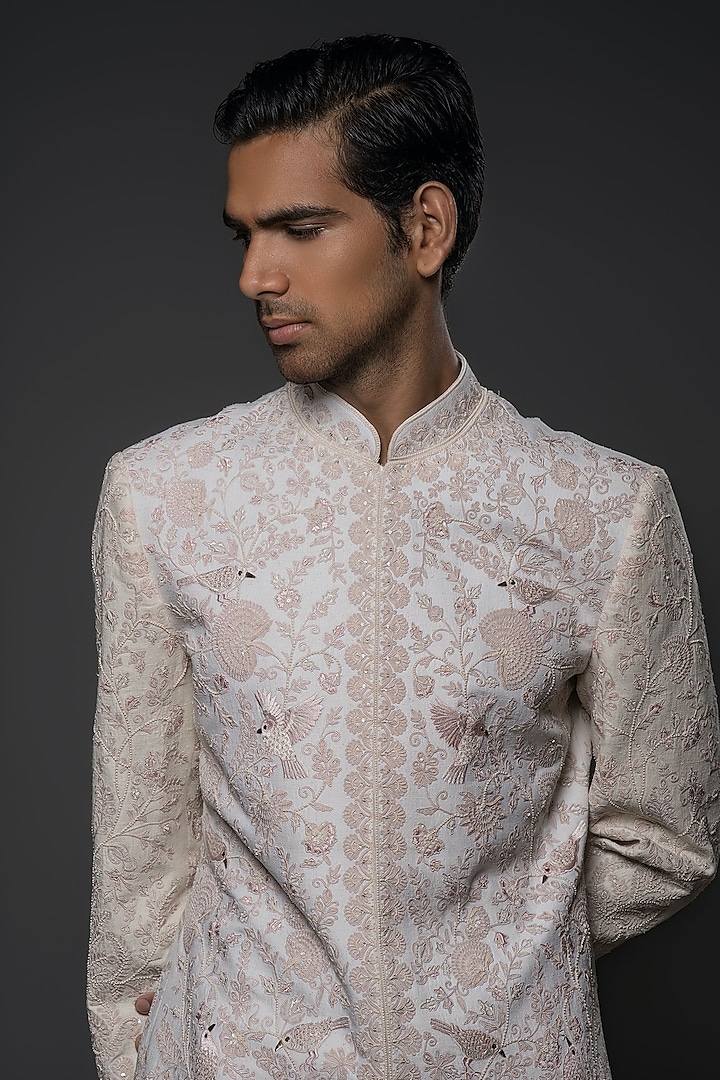 Ivory Matka Silk Resham & Thread Hand Embroidered Groom Sherwani by Rohit Bal Men at Pernia's Pop Up Shop