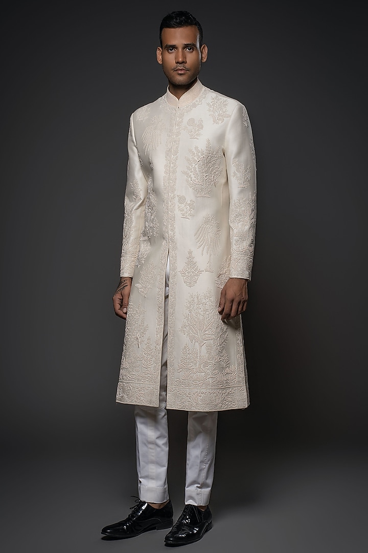 Ivory Matka Silk Resham & Thread Hand Embroidered Groom Sherwani by Rohit Bal Men at Pernia's Pop Up Shop