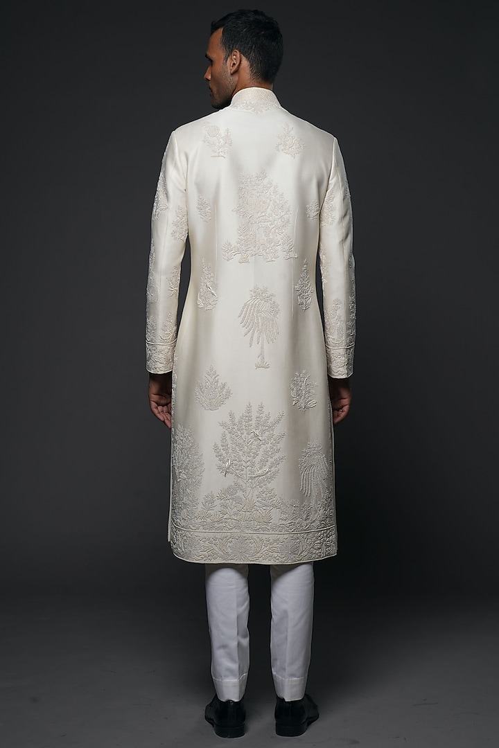 Ivory Matka Silk Resham & Thread Hand Embroidered Groom Sherwani by Rohit Bal Men at Pernia's Pop Up Shop