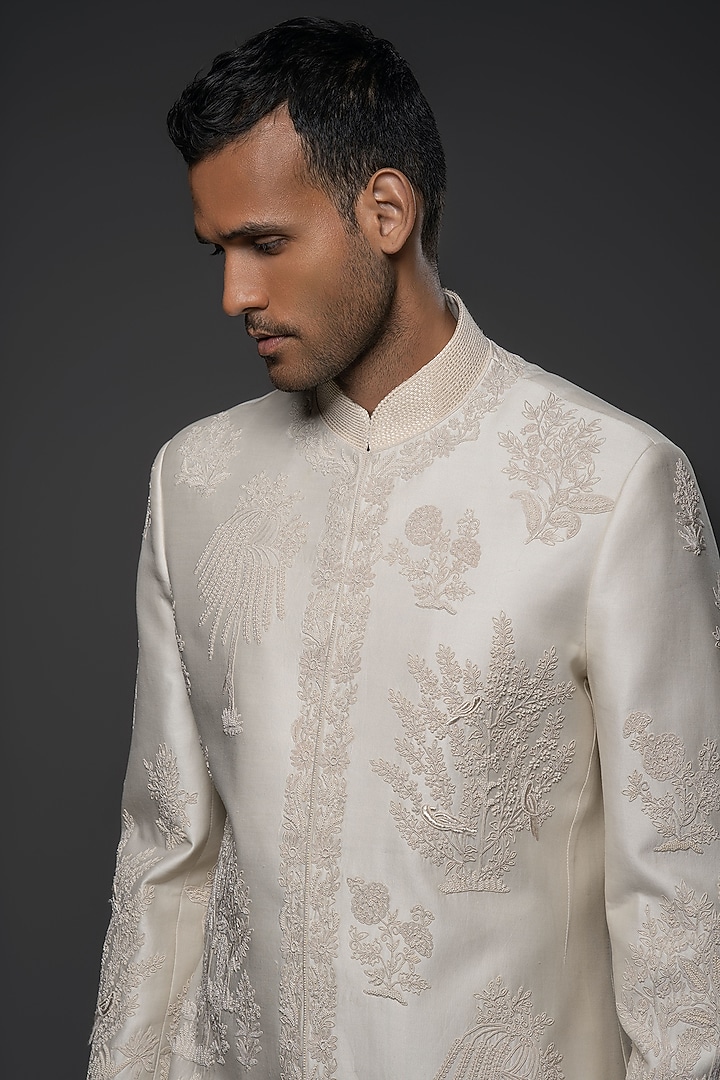 Ivory Matka Silk Resham & Thread Hand Embroidered Groom Sherwani by Rohit Bal Men at Pernia's Pop Up Shop