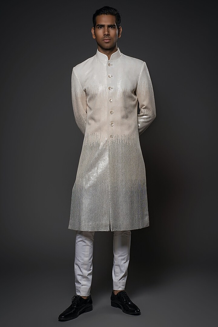 Ivory Matka Silk Sequins & Thread Hand Embroidered Groom Sherwani by Rohit Bal Men at Pernia's Pop Up Shop