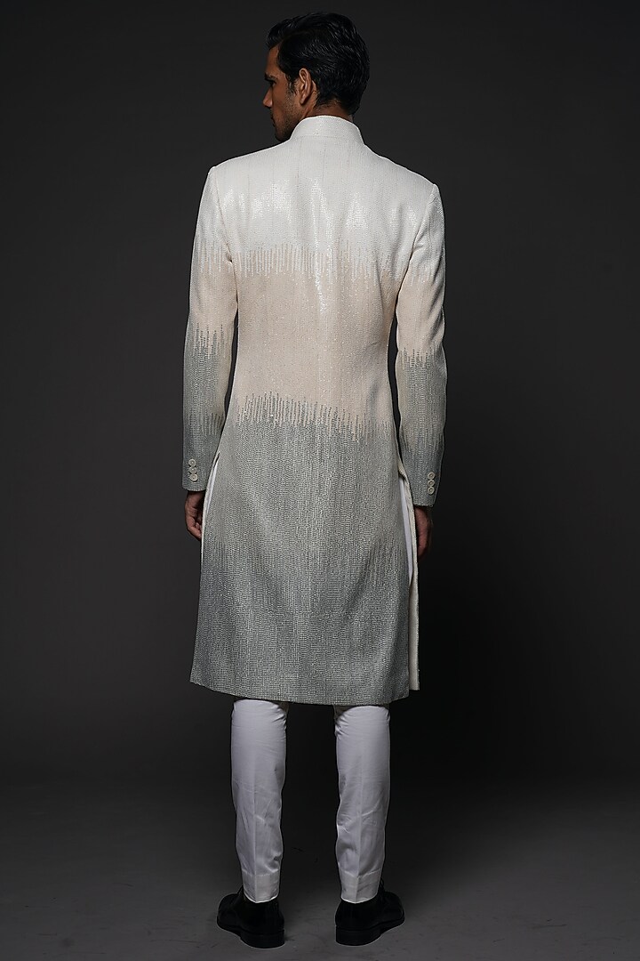 Ivory Matka Silk Sequins & Thread Hand Embroidered Groom Sherwani by Rohit Bal Men at Pernia's Pop Up Shop