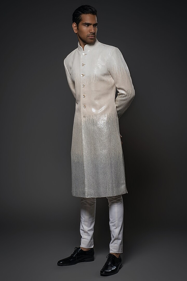 Ivory Matka Silk Sequins & Thread Hand Embroidered Groom Sherwani by Rohit Bal Men at Pernia's Pop Up Shop