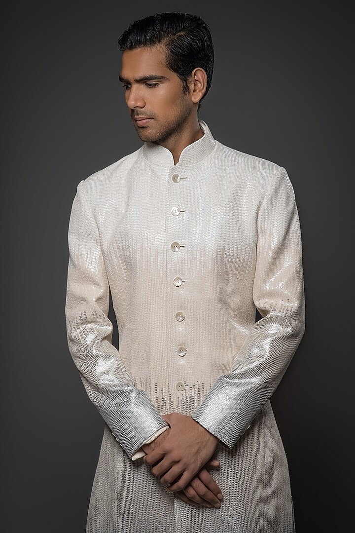 Ivory Matka Silk Sequins & Thread Hand Embroidered Groom Sherwani by Rohit Bal Men at Pernia's Pop Up Shop