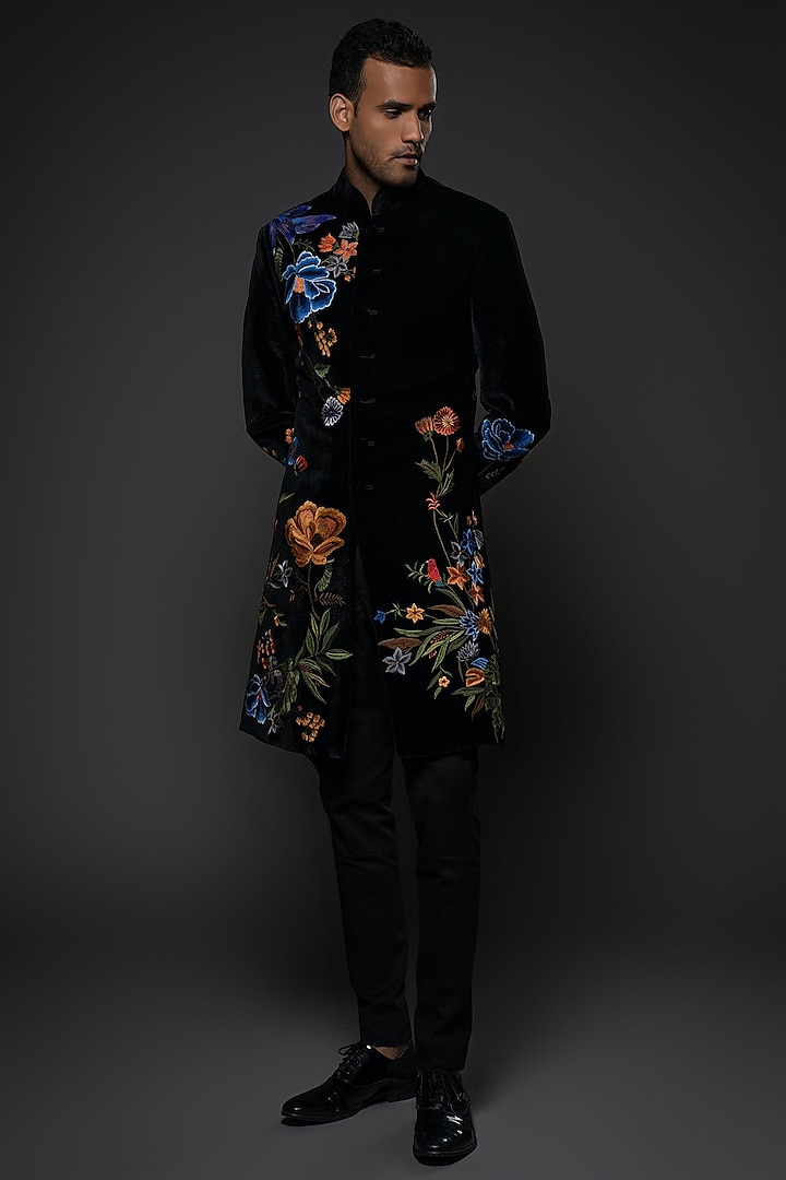 Black Velvet Floral & Thread Hand Embroidered Groom Sherwani by Rohit Bal Men at Pernia's Pop Up Shop