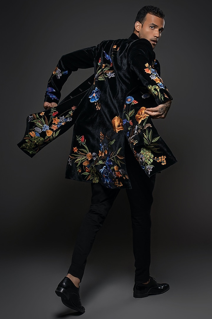 Black Velvet Floral & Thread Hand Embroidered Groom Sherwani by Rohit Bal Men at Pernia's Pop Up Shop