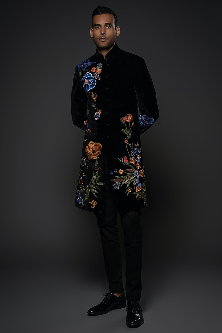 Black Velvet Floral & Thread Hand Embroidered Groom Sherwani by Rohit Bal Men at Pernia's Pop Up Shop