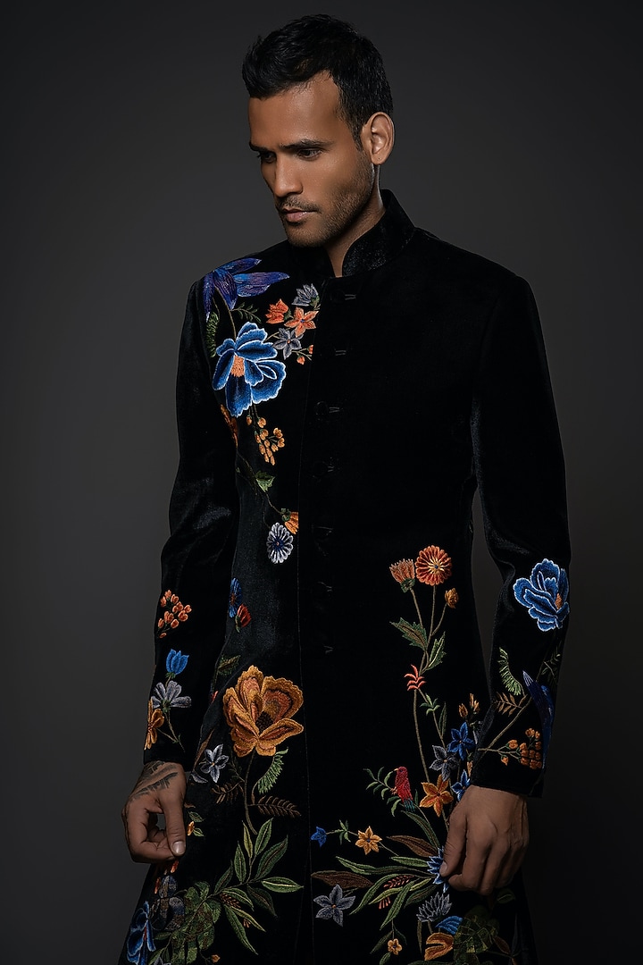 Black Velvet Floral & Thread Hand Embroidered Groom Sherwani by Rohit Bal Men at Pernia's Pop Up Shop