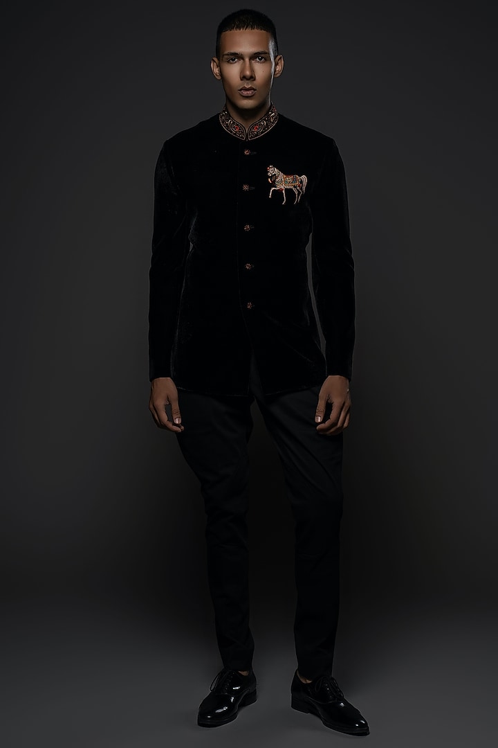 Black Velvet Resham & Thread Hand Embroidered Groom Bandhgala by Rohit Bal Men at Pernia's Pop Up Shop