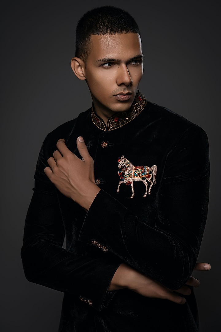 Black Velvet Resham & Thread Hand Embroidered Groom Bandhgala by Rohit Bal Men at Pernia's Pop Up Shop