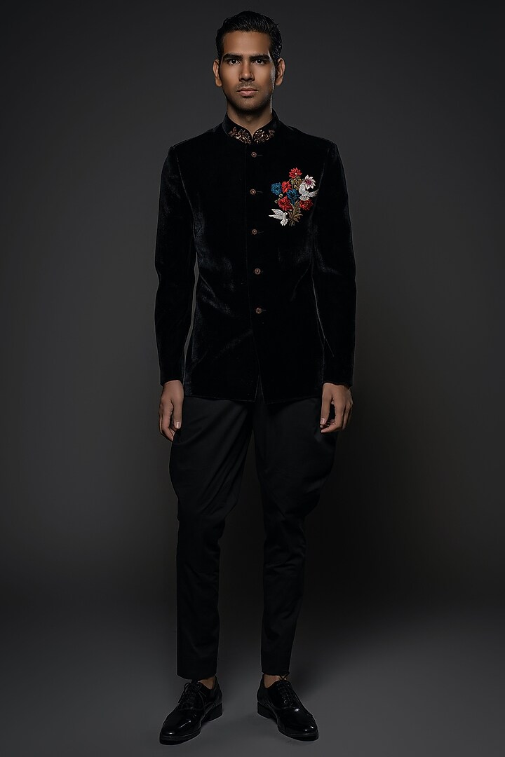 Black Velvet Resham & Thread Hand Embroidered Groom Bandhgala by Rohit Bal Men at Pernia's Pop Up Shop