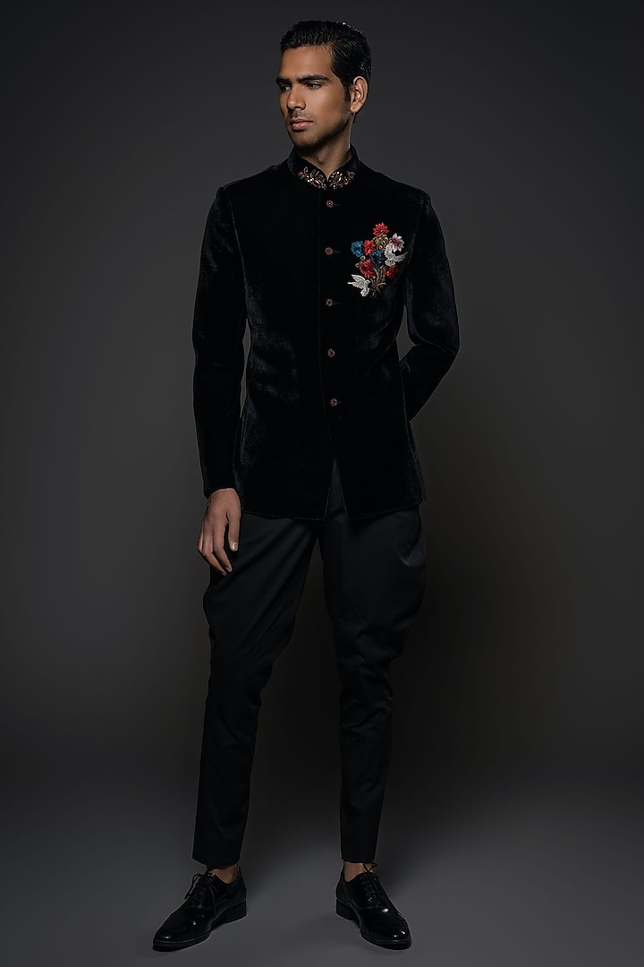 Black Velvet Resham & Thread Hand Embroidered Groom Bandhgala by Rohit Bal Men at Pernia's Pop Up Shop