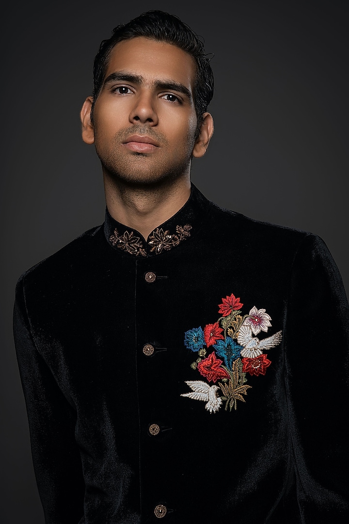Black Velvet Resham & Thread Hand Embroidered Groom Bandhgala by Rohit Bal Men at Pernia's Pop Up Shop