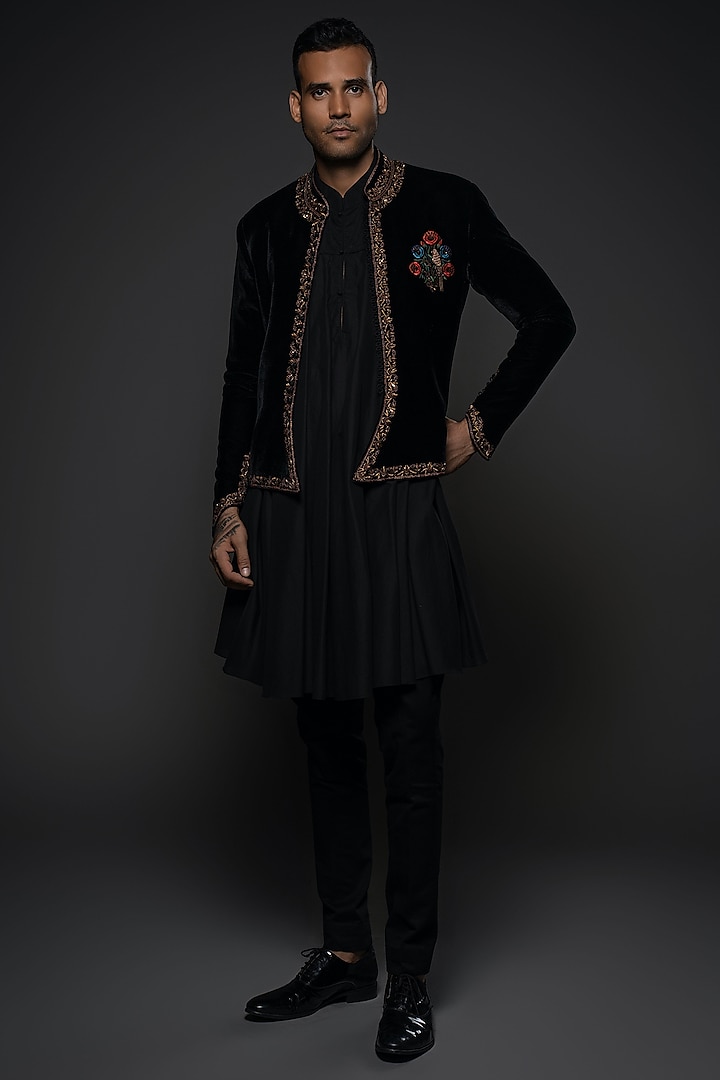 Black Velvet Resham & Thread Hand Embroidered Jacket by Rohit Bal Men