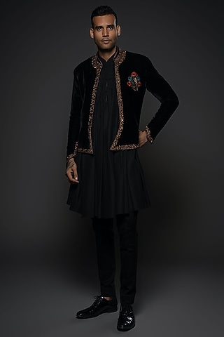 Black Velvet Resham & Thread Hand Embroidered Jacket by Rohit Bal Men