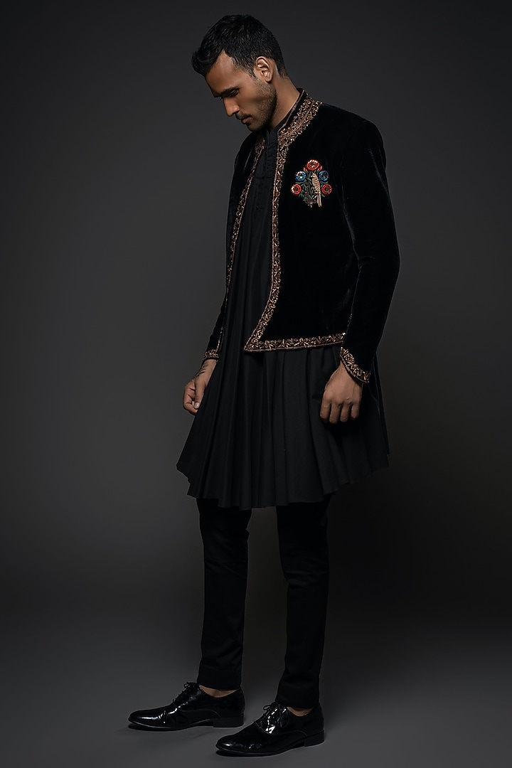 Black Velvet Resham & Thread Hand Embroidered Jacket by Rohit Bal Men at Pernia's Pop Up Shop