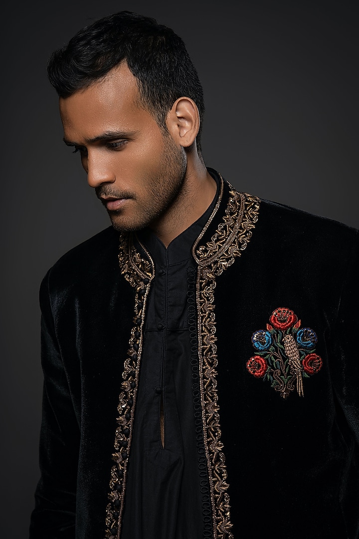 Black Velvet Resham & Thread Hand Embroidered Jacket by Rohit Bal Men at Pernia's Pop Up Shop