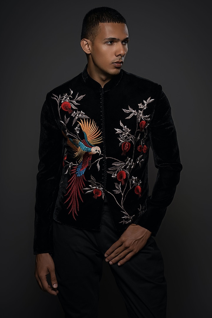 Black Velvet Resham & Thread Hand Embroidered Jacket by Rohit Bal Men