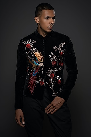 Black Velvet Resham & Thread Hand Embroidered Jacket by Rohit Bal Men