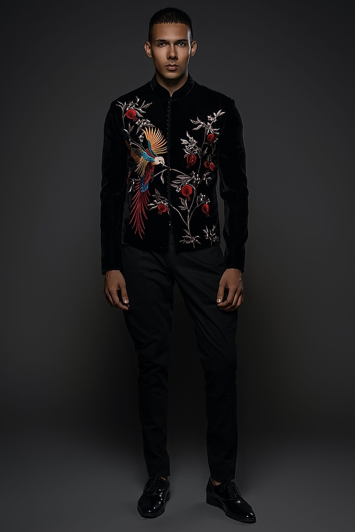 Black Velvet Resham & Thread Hand Embroidered Jacket by Rohit Bal Men at Pernia's Pop Up Shop