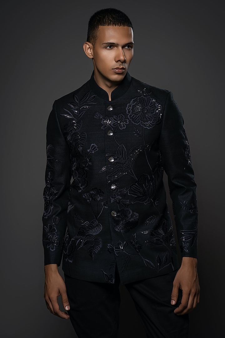 Black Matka Silk Resham Embroidered Groom Bandhgala by Rohit Bal Men at Pernia's Pop Up Shop