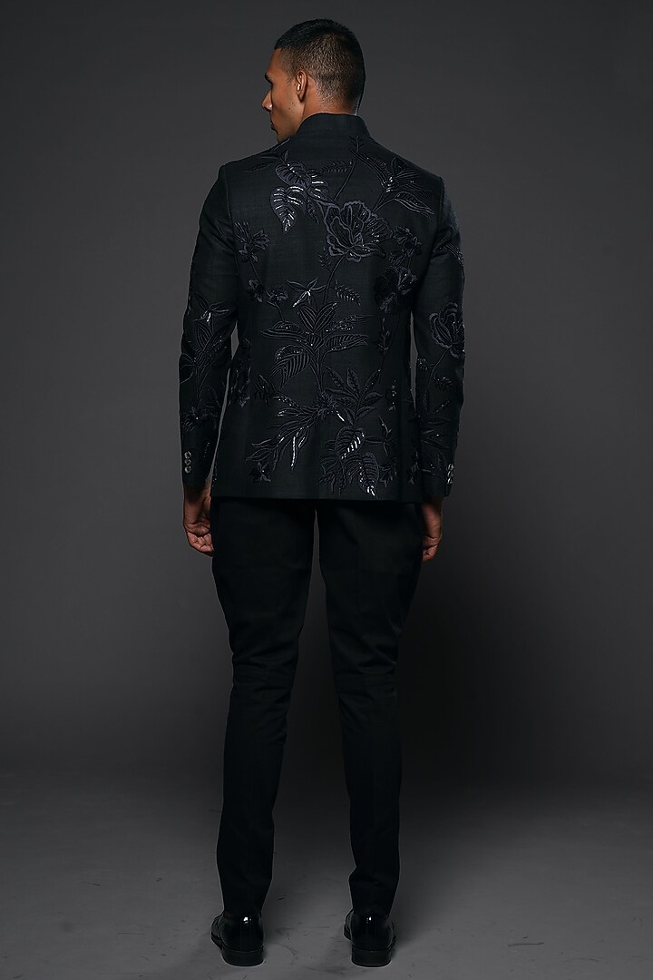 Black Matka Silk Resham Embroidered Groom Bandhgala by Rohit Bal Men at Pernia's Pop Up Shop
