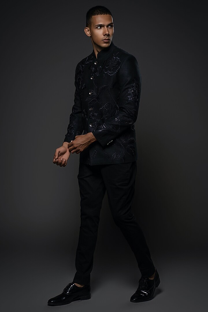 Black Matka Silk Resham Embroidered Groom Bandhgala by Rohit Bal Men at Pernia's Pop Up Shop