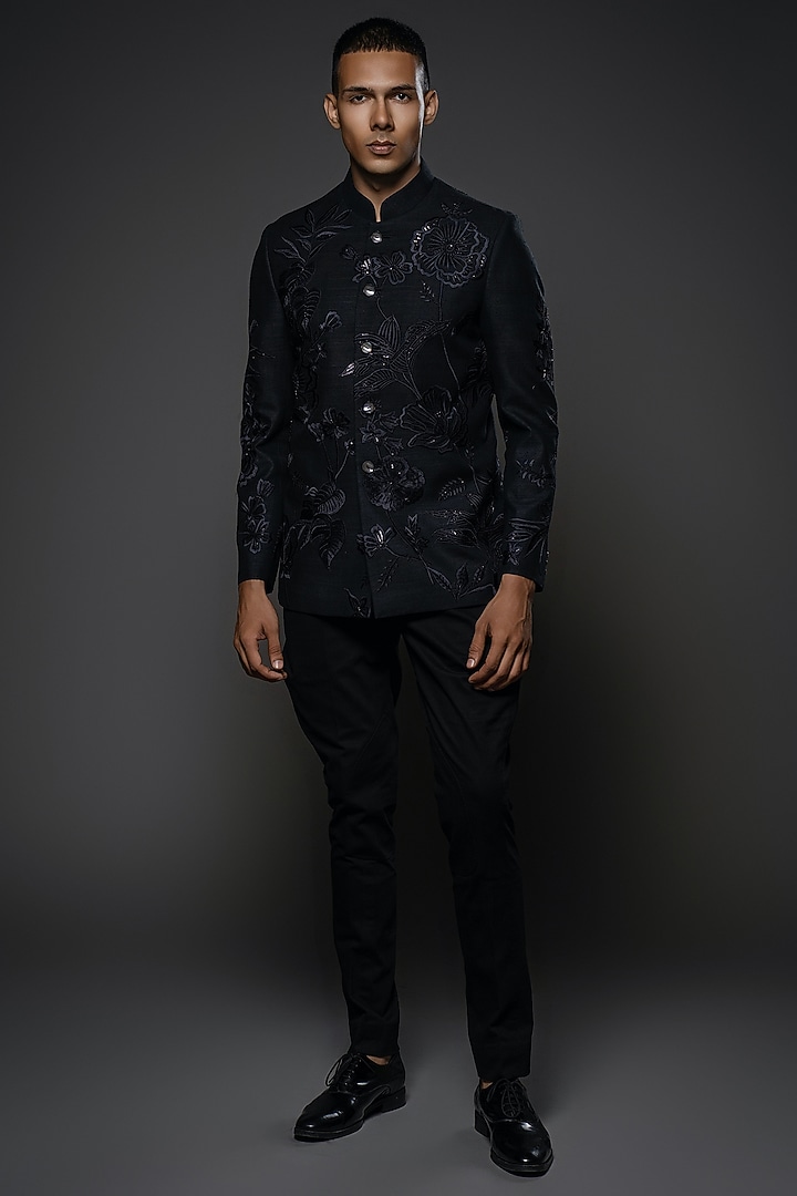 Black Matka Silk Resham Embroidered Groom Bandhgala by Rohit Bal Men at Pernia's Pop Up Shop