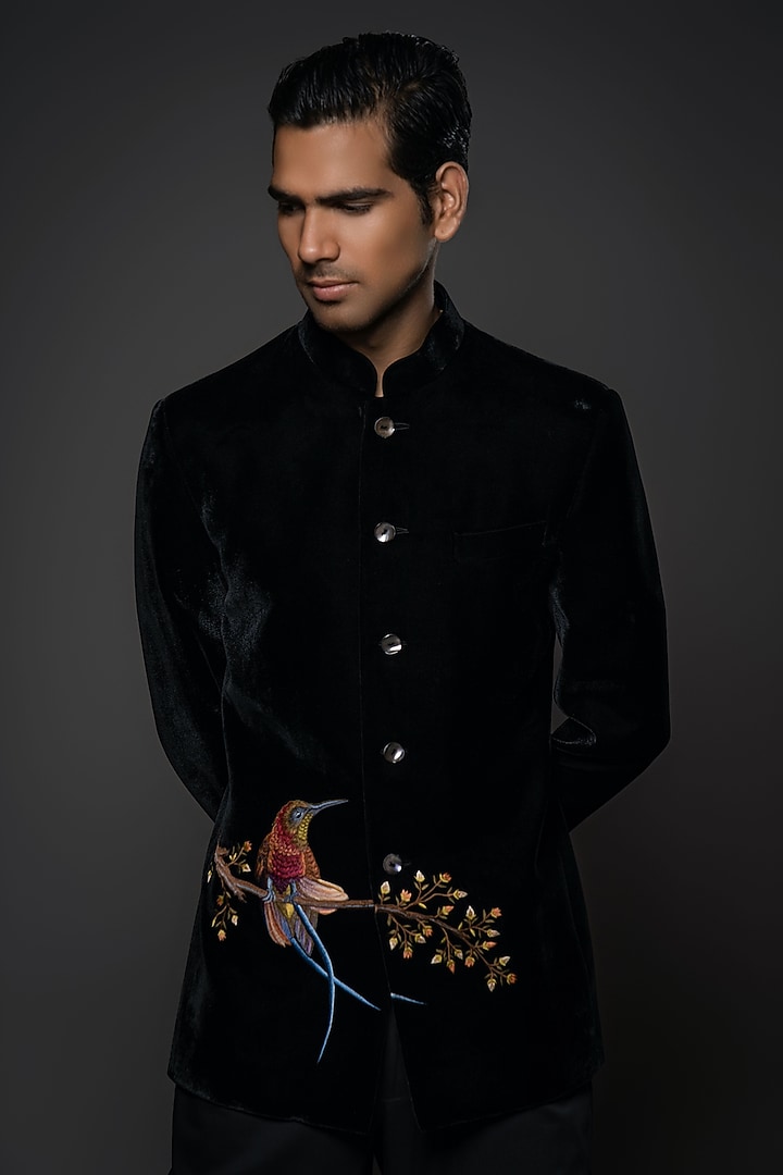 Black Velvet Resham & Thread Hand Embroidered Groom Bandhgala by Rohit Bal Men at Pernia's Pop Up Shop