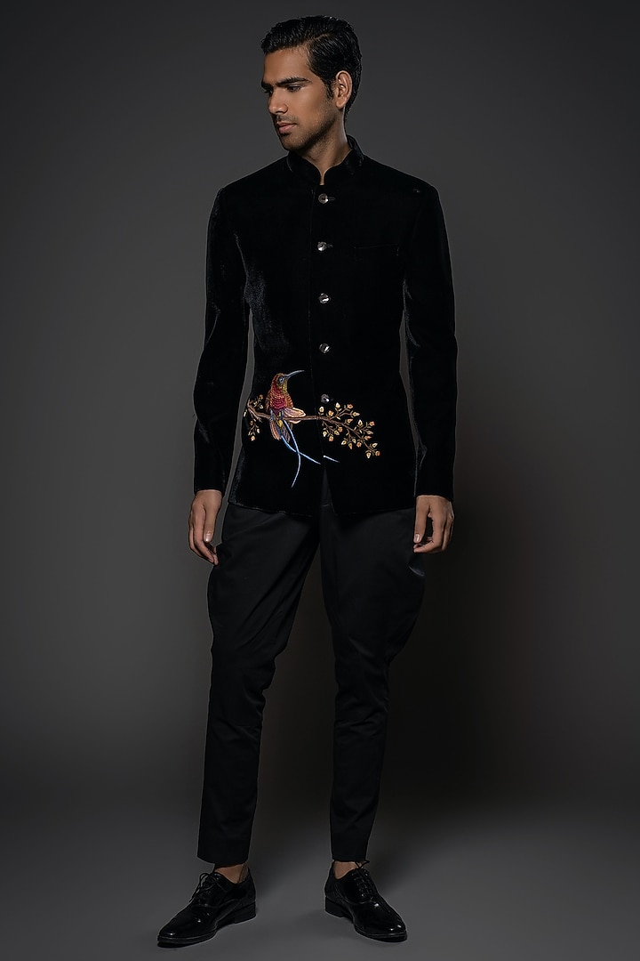 Black Velvet Resham & Thread Hand Embroidered Groom Bandhgala by Rohit Bal Men at Pernia's Pop Up Shop