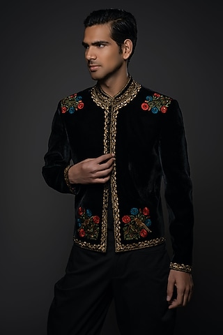 Black Velvet Resham & Thread Hand Embroidered Jacket by Rohit Bal Men