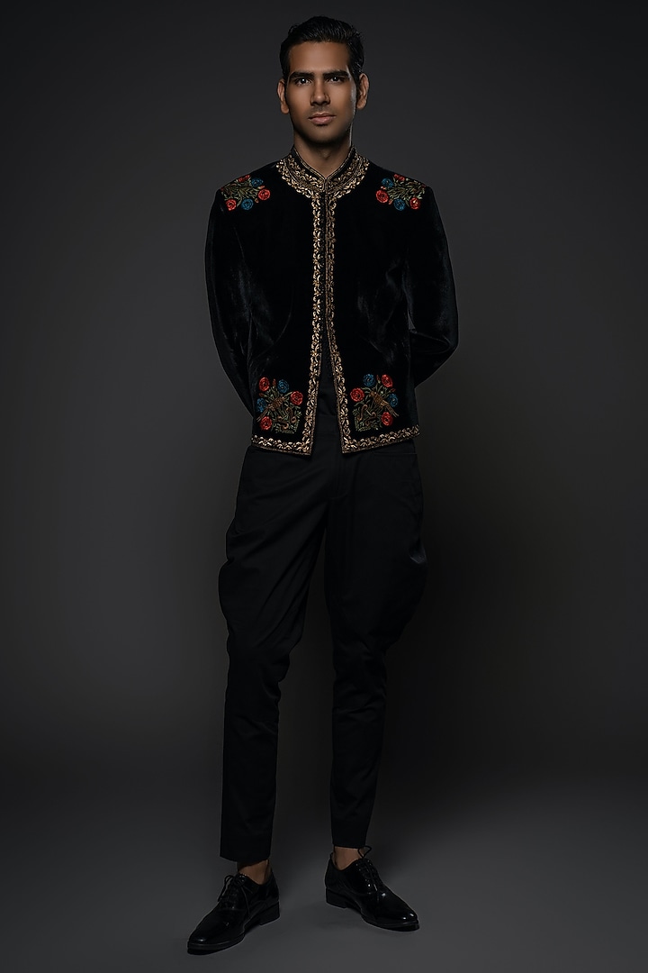 Black Velvet Resham & Thread Hand Embroidered Jacket by Rohit Bal Men at Pernia's Pop Up Shop