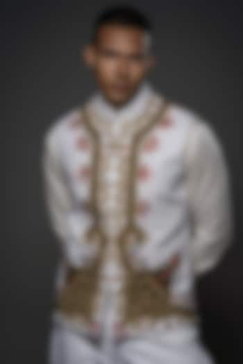 Ivory Matka Silk Resham Hand Embroidered Bundi Jacket by Rohit Bal Men at Pernia's Pop Up Shop