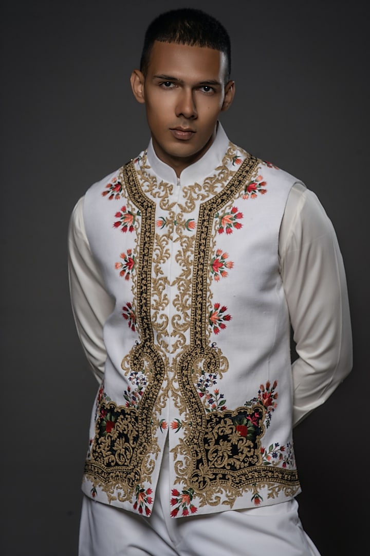 Ivory Matka Silk Resham Hand Embroidered Bundi Jacket by Rohit Bal Men at Pernia's Pop Up Shop