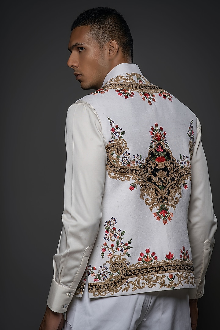 Ivory Matka Silk Resham Hand Embroidered Bundi Jacket by Rohit Bal Men at Pernia's Pop Up Shop